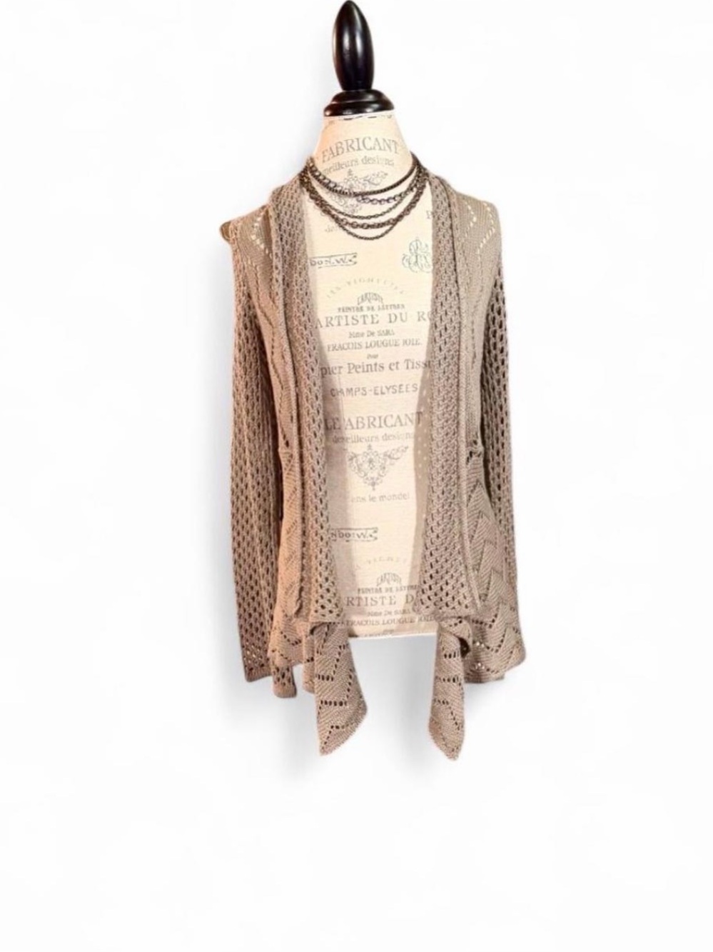 Dressbarn Ivory Crochet Open Front Cardigan with Lace Pattern Sz L